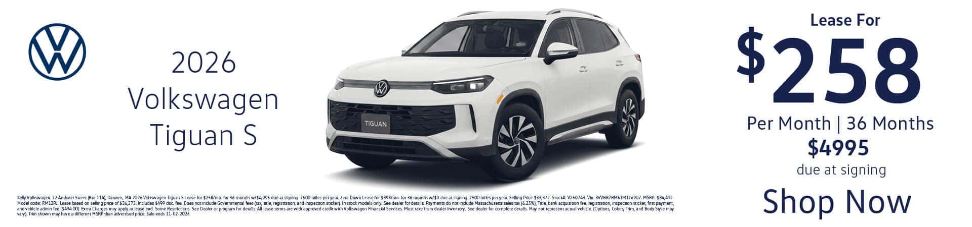 Lease the 2026 VW Tiguan S for $258 per month for 36 months with $4995 cash down