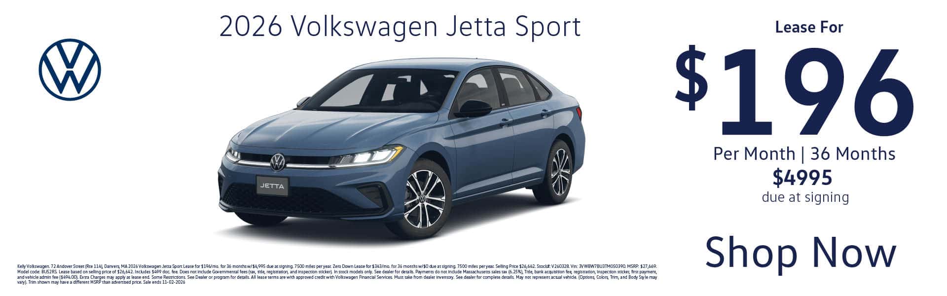Lease the 2026 VW Jetta Sport for $196 per month for 36 months with $4995 due at signing