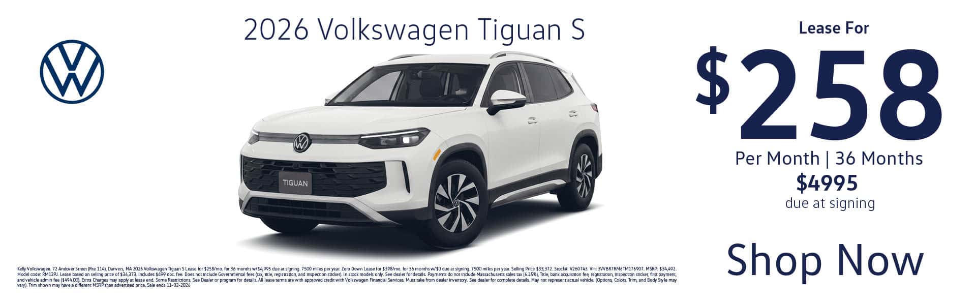 Lease the 2026 VW Tiguan S for $258 per month for 36 months with $4995 cash down