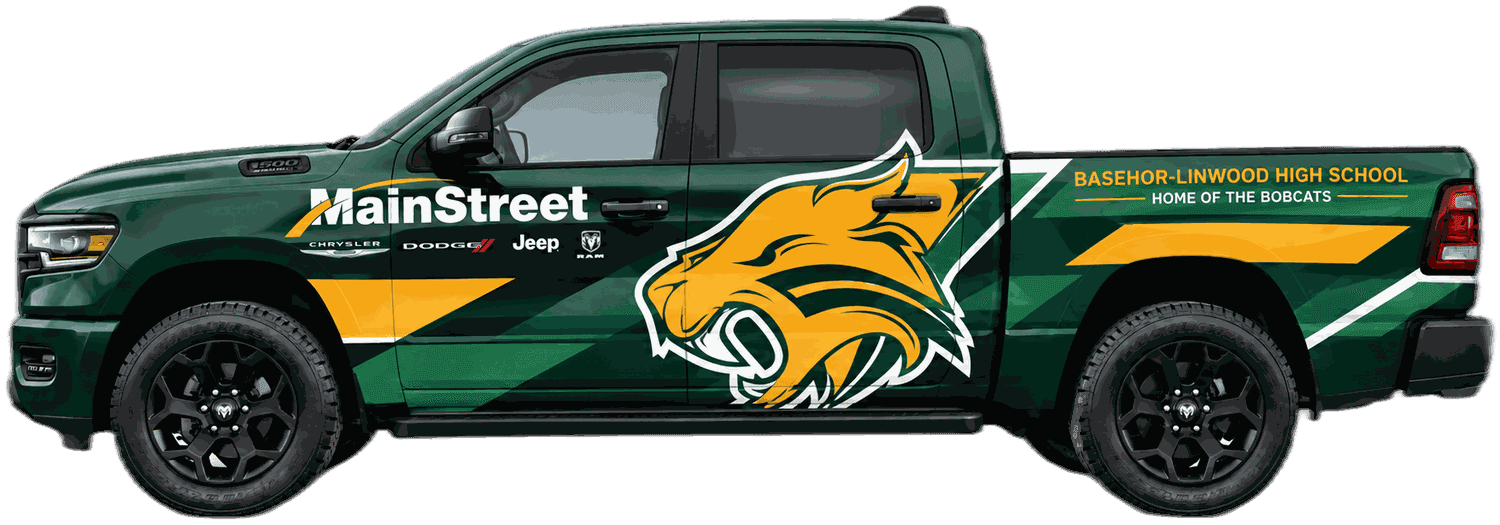 MainStreet Chrysler Dodge Jeep RAM Ram 1500 wrapped with the Basehor-Linwood High School Bobcats logo