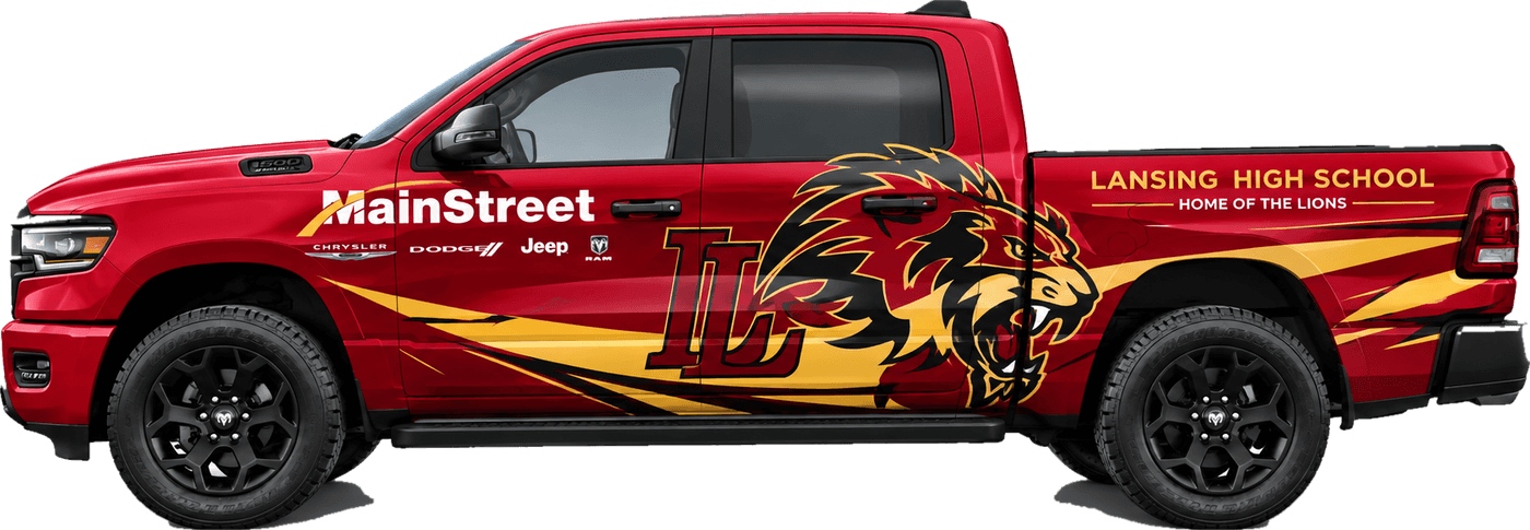 MainStreet Chrysler Dodge Jeep RAM Ram 1500 wrapped with the Lansing High School Lions logo