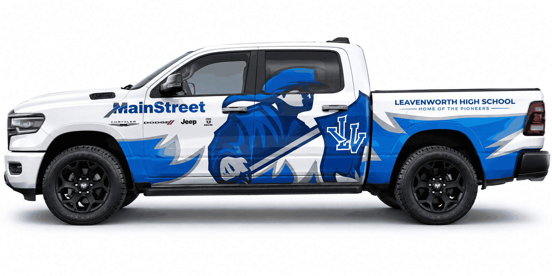 MainStreet Chrysler Dodge Jeep RAM Ram 1500 wrapped with the Leavenworth High School Pioneers logo