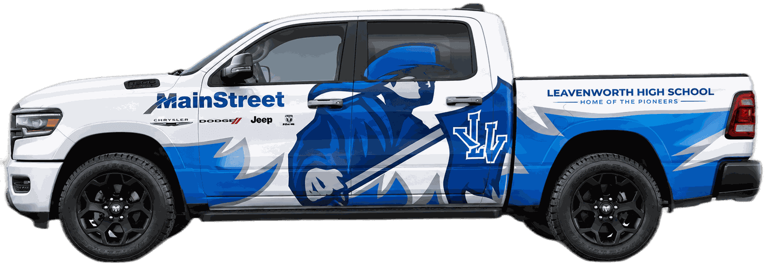 MainStreet Chrysler Dodge Jeep RAM Ram 1500 wrapped with the Leavenworth High School Pioneers logo