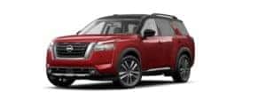 A red 2022 Nissan Pathfinder is angled left.