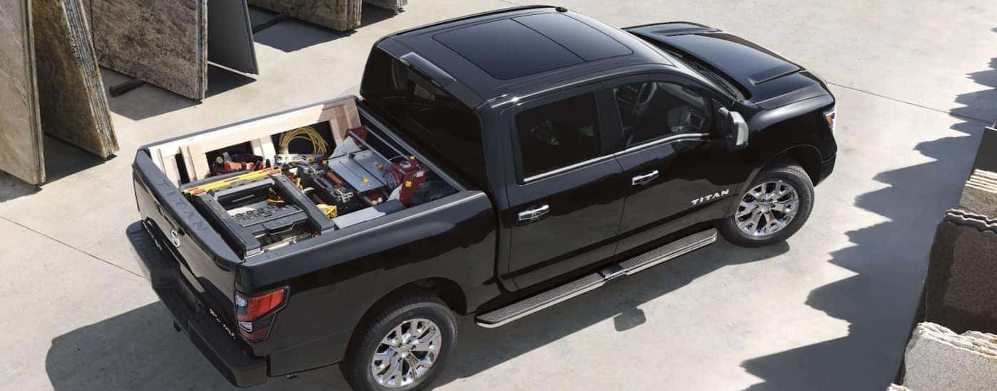 A black 2021 Nissan Titan is shown from above after leaving a Nashville Nissan Titan dealer.