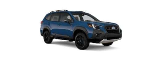 A blue 2022 Subaru Forester is shown from the front angled right.