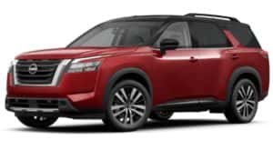 A red 2023 Nissan Pathfinder is shown angled left.