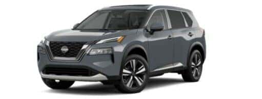 A grey 2023 Nissan Rogue Platinum is angled left.
