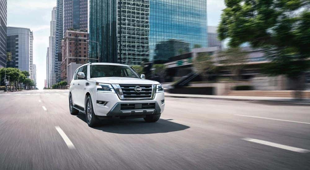 A white 2023 Nissan Armada is shown from the front at an angle.