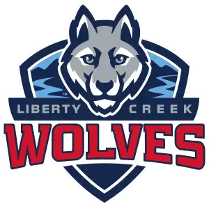 Liberty Creek Elementary wolves logo featuring wolf and blue and red accents