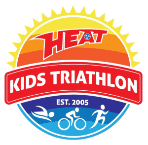 Heat Kids Triathlon logo of a sun holding symbols of swimming, biking, and running