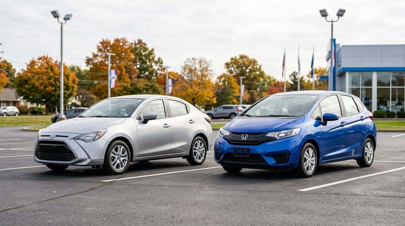 Two subcompact economy cars parked side by side on a sunlit suburban dealership lot, three-quarter front angle, one a silver hatchback-style sedan and one a small blue hatchback. Clean asphalt, light poles and autumn trees in the background under a bright overcast sky. Photorealistic automotive photography, even natural lighting, sharp detail on wheels and body lines. No text, no logos other than natural vehicle badging, no identifiable faces. (Representative image for illustration purposes only. Actual vehicle may vary based on trim and configuration.)