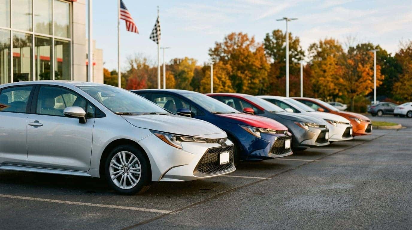A row of new compact sedans in varied colors lined up neatly across a dealership front lot on a clear autumn morning, low three-quarter angle showing the nearest silver sedan in sharp focus with the row receding into soft focus. Clean pavement, flagpoles and trees with turning leaves in the background. Photorealistic automotive inventory photography, crisp golden-hour light. No text, no logos other than natural vehicle badging, no identifiable faces. (Representative image for illustration purposes only. Actual vehicle may vary based on trim and configuration.)