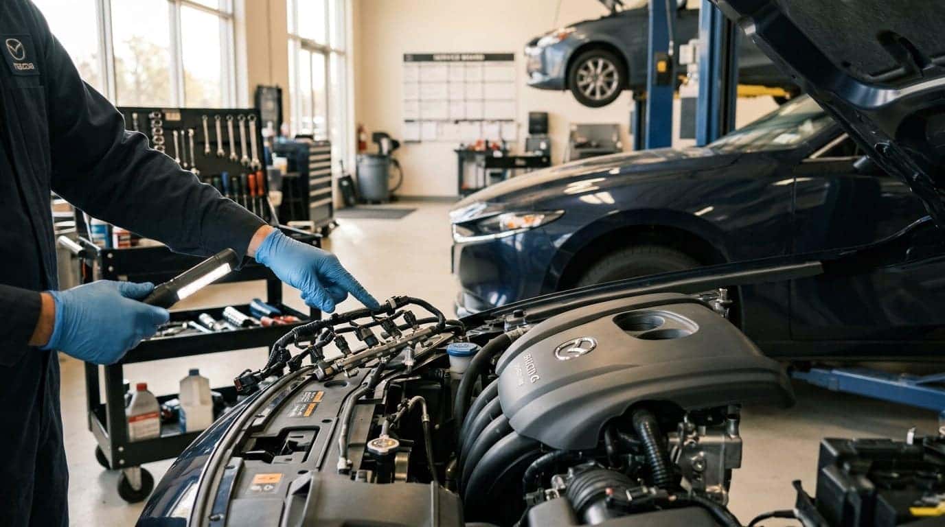 A modern automotive service bay interior, warm natural light. A gloved technician's hands (no identifiable faces) inspect the open engine bay of a clean late-model compact sedan, fuel injector rail and intake manifold visible in sharp focus. Neatly organized tools on a rolling cart in the soft-focus background. Photorealistic, shallow depth of field, professional dealership service department atmosphere. No text, no logos other than natural vehicle badging, no identifiable faces. (Representative image for illustration purposes only. Actual vehicle may vary based on trim and configuration.)