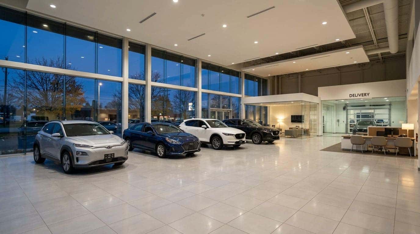 Photorealistic wide interior view of a bright modern car dealership showroom on a late-November evening: three new crossovers and a sedan arranged on polished pale tile under warm recessed lighting, tall glass frontage reflecting dark blue dusk and bare trees outside. Clean sales desks and a glass-walled delivery area in the background, floor freshly buffed, no shoppers present. Inviting retail-architecture photography, natural colour, wide-angle but undistorted. No text, no signage, no banners, no price stickers, no logos other than natural vehicle badging, no identifiable faces. (Representative image for illustration purposes only. Actual vehicle may vary based on trim and configuration.)