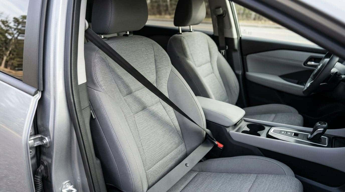 Photorealistic interior detail of a modern compact crossover SUV front seat: the driver's three-point seat belt drawn across a grey cloth seat, buckle latched into the receiver beside the centre console, the retractor pillar anchor visible at the B-pillar. Soft natural window light raking across the fabric, clean uncluttered cabin, shallow depth of field on the buckle. Calm, reassuring safety-documentation realism, natural colour. No people, no text, no signage, no logos other than natural vehicle badging, no identifiable faces. (Representative image for illustration purposes only. Actual vehicle may vary based on trim and configuration.)