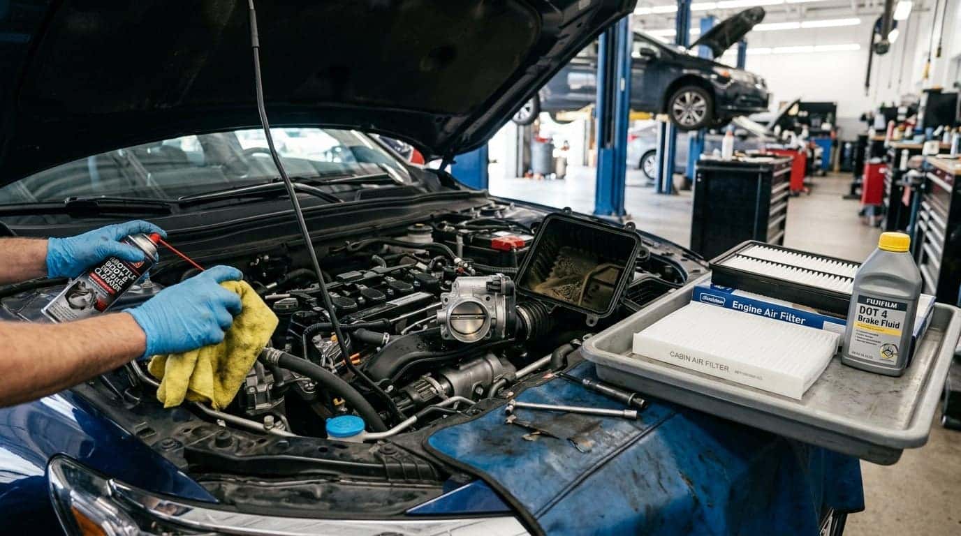 Photorealistic close-up inside a clean automotive service bay: an open engine bay of a modern sedan with the intake tubing detached, showing a throttle body and air filter housing being cleaned. A technician's gloved hands hold a microfibre cloth and an aerosol cleaner; a fresh cabin air filter, a new engine air filter and a brake fluid bottle sit on a parts tray beside the fender. Crisp daylight mixed with overhead shop lighting, shallow depth of field. Documentary maintenance realism, natural colour. No text, no signage, no logos other than natural vehicle badging, no identifiable faces. (Representative image for illustration purposes only. Actual vehicle may vary based on trim and configuration.)