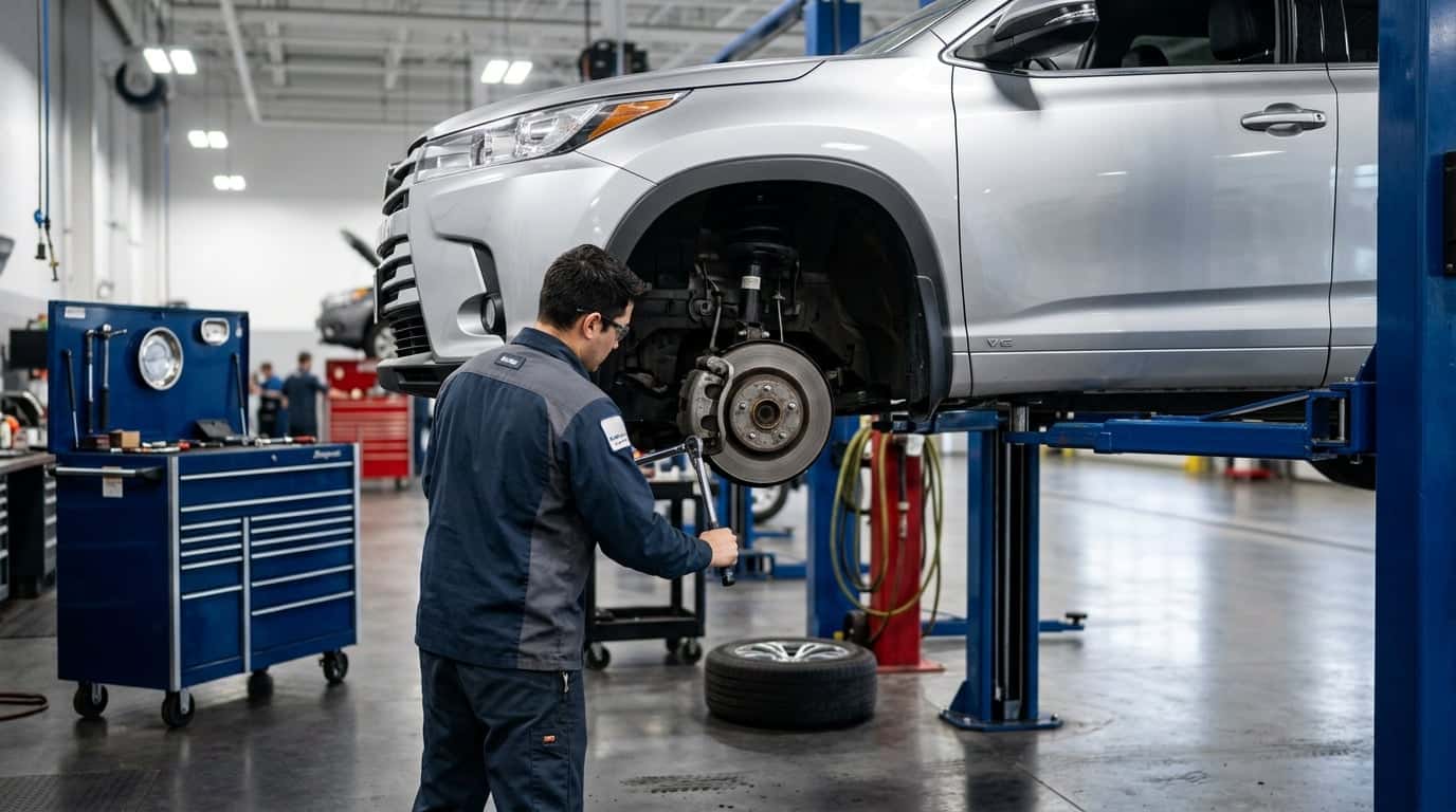 Photorealistic dealership service bay: a silver midsize three-row SUV raised on a hydraulic lift with its front wheel removed, revealing the front brake caliper and rotor. A certified technician in clean workwear and safety glasses, seen from behind and to the side, inspects the caliper with a torque wrench. Bright overhead shop lighting, polished concrete floor, tidy tool chest in the soft-focus background. Documentary service-department realism, natural colour, shallow depth of field. No text, no signage, no logos other than natural vehicle badging, no identifiable faces. (Representative image for illustration purposes only. Actual vehicle may vary based on trim and configuration.)