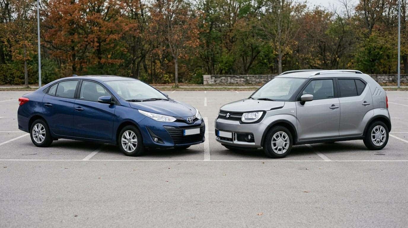 Photorealistic three-quarter front view of two small vehicles parked side by side on a clean paved lot: on the left a compact four-door economy sedan in deep blue, on the right a boxy subcompact crossover in light grey with roof rails. Both at matching angles so their body styles contrast clearly, sedan roofline low and crossover upright. Overcast soft daylight, low autumn treeline and plain asphalt behind, no bystanders. Clean automotive-comparison photography, natural colour, even exposure. No text, no signage, no logos other than natural vehicle badging, no identifiable faces. (Representative image for illustration purposes only. Actual vehicle may vary based on trim and configuration.)