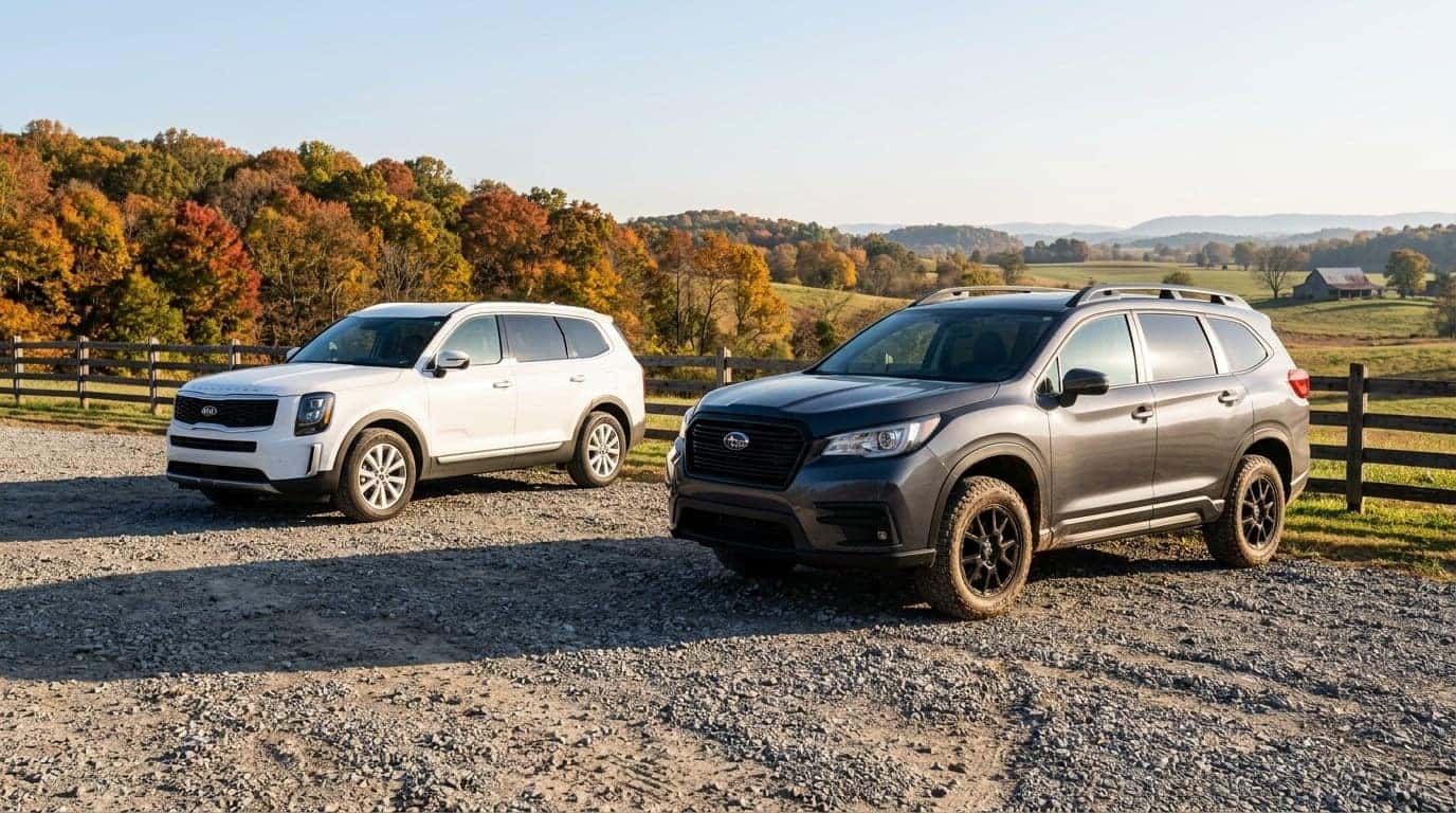 Photorealistic outdoor view of two midsize three-row family SUVs photographed from a low front three-quarter angle, parked a few feet apart on a gravel pull-off at the edge of rolling Tennessee farmland: the nearer one in dark grey with a rugged off-road-style stance and raised ride height, the farther one in white with a smoother suburban profile. Early morning light, long shadows, split-rail fence and autumn hardwoods behind. Honest comparison-review photography, natural colour, both vehicles sharply lit and fully visible. No text, no signage, no logos other than natural vehicle badging, no identifiable faces. (Representative image for illustration purposes only. Actual vehicle may vary based on trim and configuration.)
