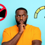 Concerned looking man with two images of bad credit and no credit