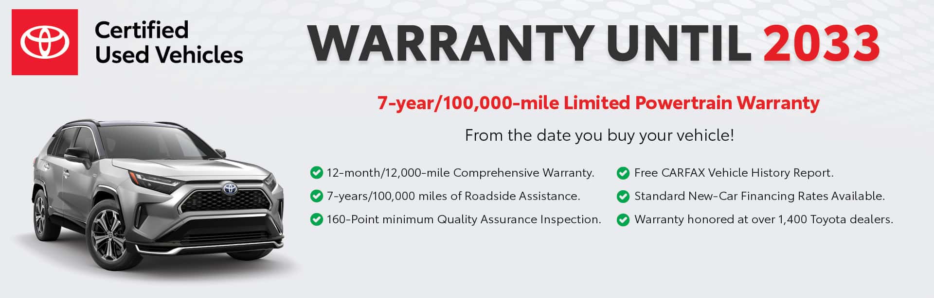 Toyota Certified Used Vehicle warranty coverage through 2033 at Parkway Toyota Boston