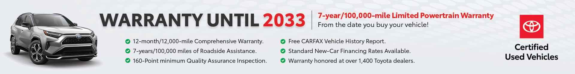 Toyota Certified Used Vehicle warranty coverage through 2033 at Parkway Toyota Boston