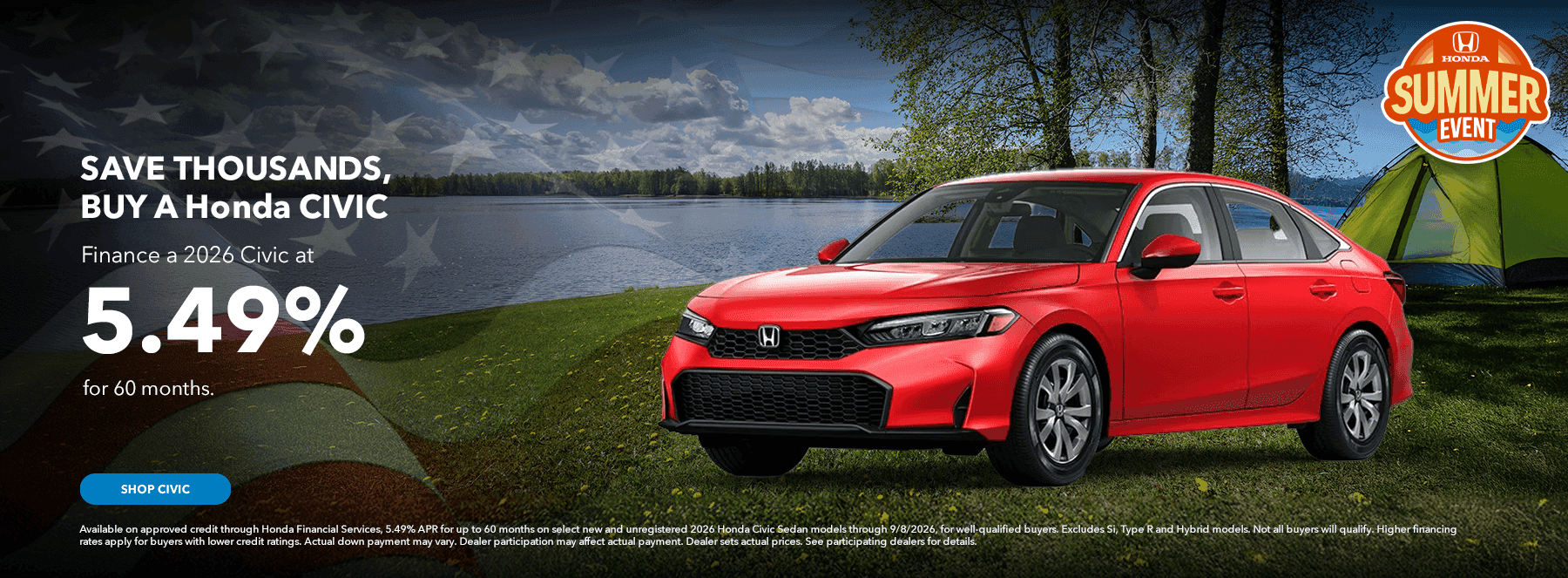 SAVE THOUSANDS, BUY A Honda CIVIC Finance a 2026 Civic at 5.49% for 24 months.
