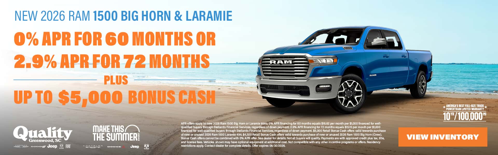 0% APR for 60 Months or 2.9% APR for 72 Months and Up to $5,000 Bonus Cash on a new 2026 ram 1500 Big Horn or Laramie