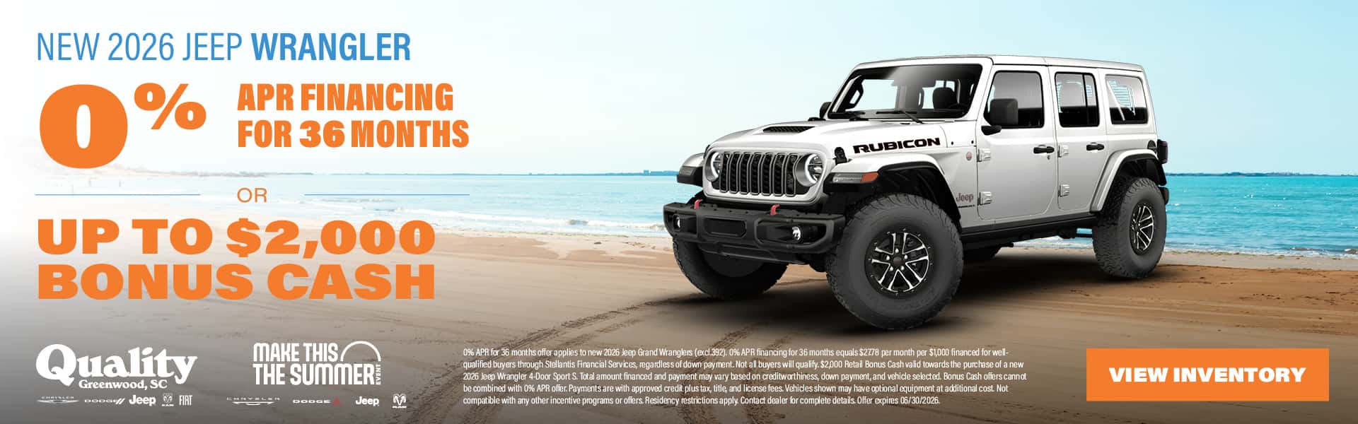 0% APR for 36 Months or Up to $2,000 Bonus Cash on a new 2026 Jeep Wrangler