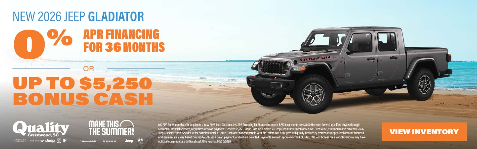 0% APR for 36 Months or Up to $5,250 Bonus Cash on a new 2026 Jeep Gladiator