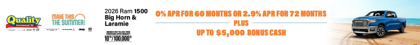 0% APR for 60 Months or 2.9% APR for 72 Months and Up to $5,000 Bonus Cash on a new 2026 ram 1500 Big Horn or Laramie