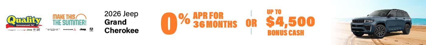 0% APR for 36 Months or up to $4,500 Bonus Cash on a new 2026 Grand Cherokee