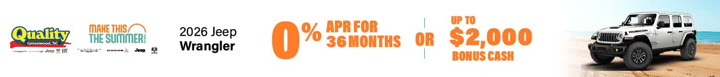 0% APR for 36 Months or Up to $2,000 Bonus Cash on a new 2026 Jeep Wrangler
