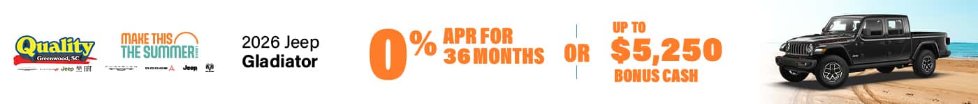0% APR for 36 Months or Up to $5,250 Bonus Cash on a new 2026 Jeep Gladiator