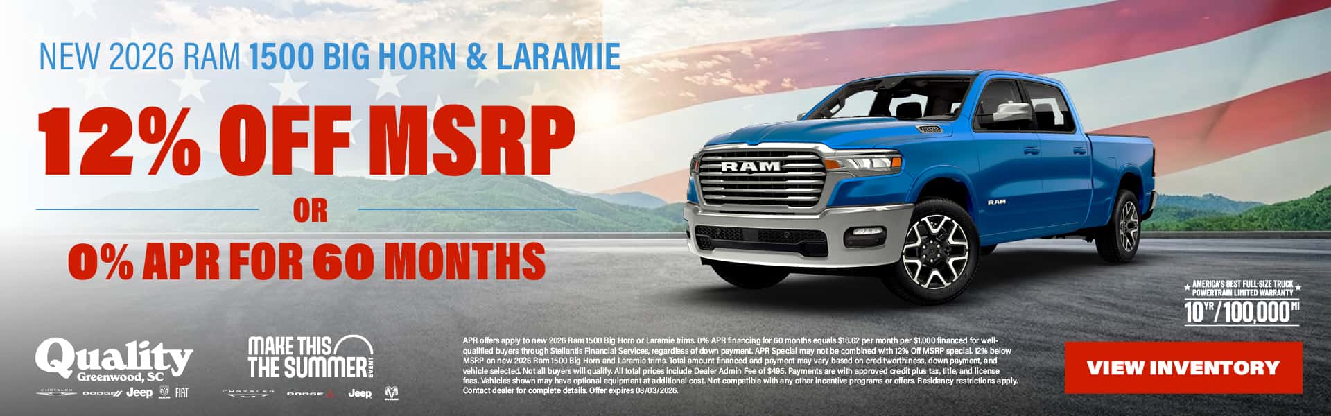 Get 12% off MSRP OR 0% APR for 60 Months on a new 2026 Ram 1500 Laramie or Big Horn