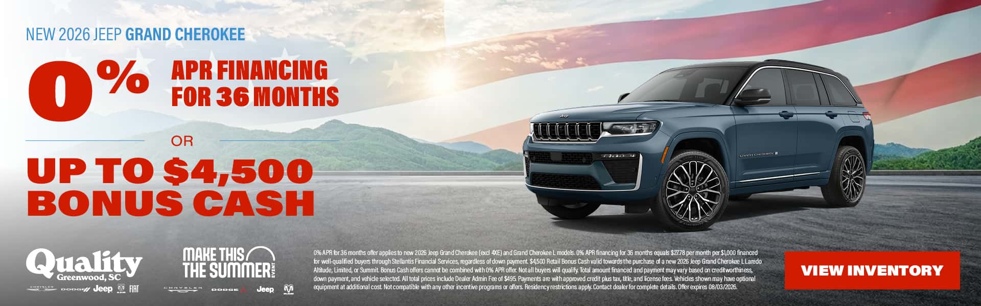 Get 0% APR for 36 Months or up to $4,500 Bonus Cash on a new 2026 Jeep grand Cherokee or Grand Cherokee L