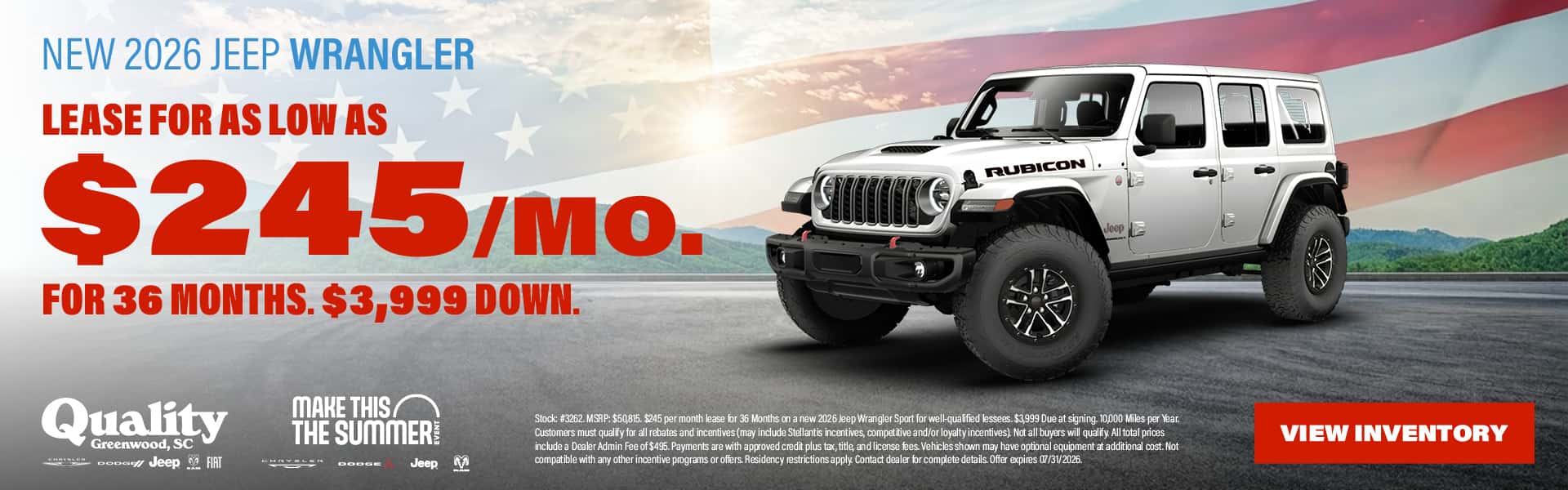 Lease a new 2026 Jeep Wrangler for as low as $245/Month for 36 Months, $3,999 Down.