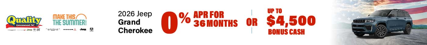 Get 0% APR for 36 Months or up to $4,500 Bonus Cash on a new 2026 Jeep grand Cherokee or Grand Cherokee L