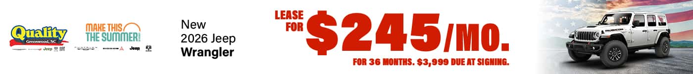 Lease a new 2026 Jeep Wrangler for as low as $245/Month for 36 Months, $3,999 Down.