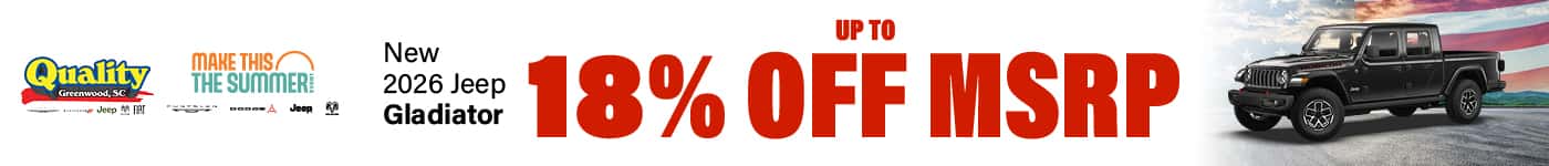 Save up to 18% off MSRP on a new 2026 Jeep Gladiator