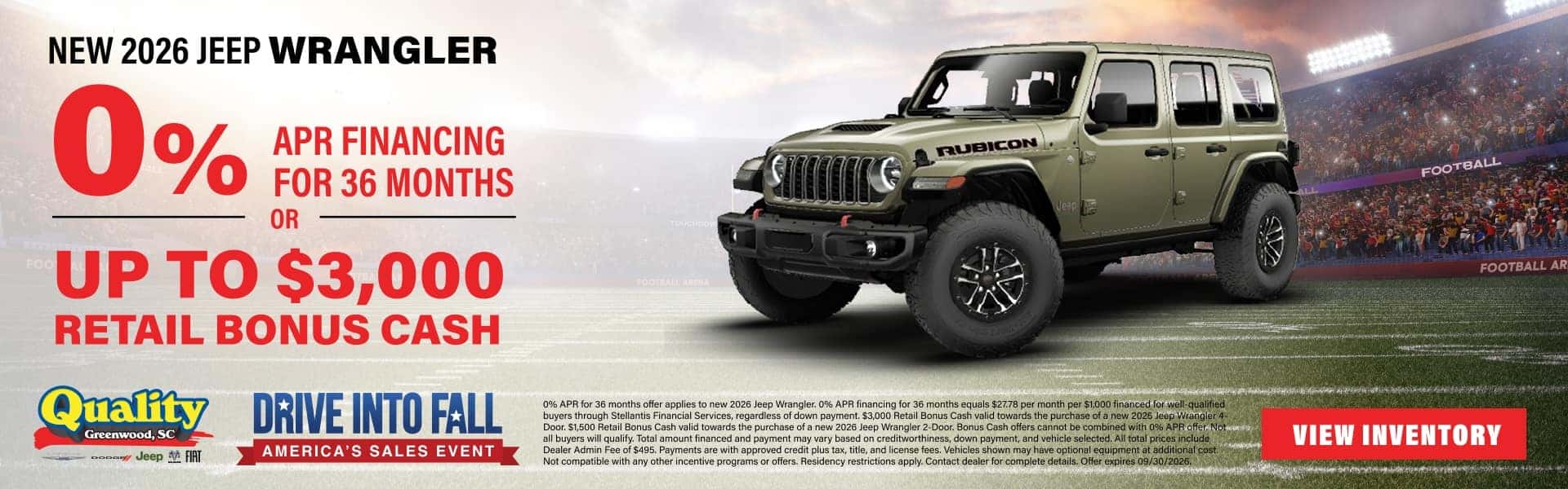 Get 0% APR for 36 Months or Up to $3,000 Retail Bonus Cash on a new Jeep Wrangler