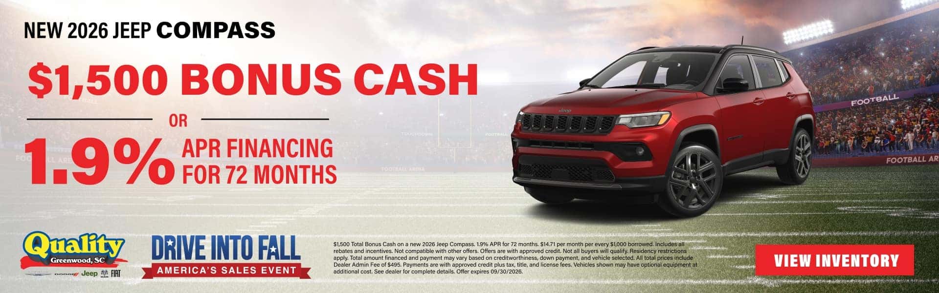 $1,500 Bonus Cash or 1.9% APR for 72 Months on a new 2026 Compass