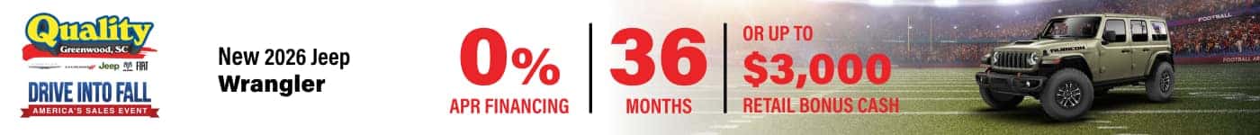 Get 0% APR for 36 Months or Up to $3,000 Retail Bonus Cash on a new Jeep Wrangler