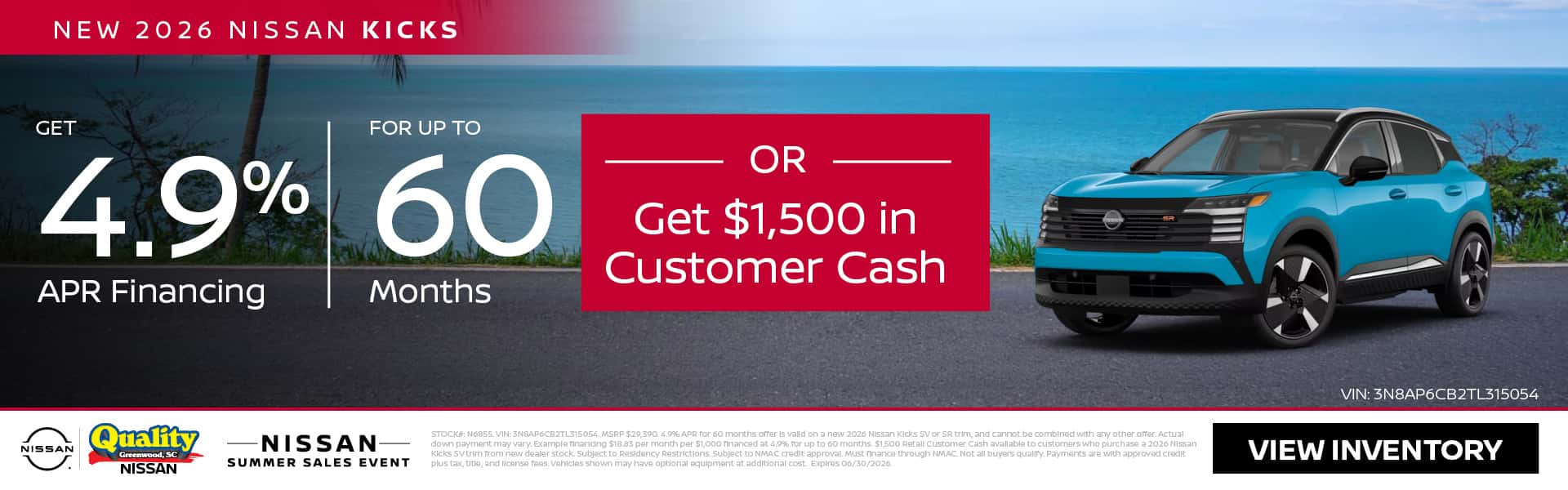 Get 4.9% APR for up to 60 Months or Up to $1,500 Customer Cash on a new 2026 Kicks