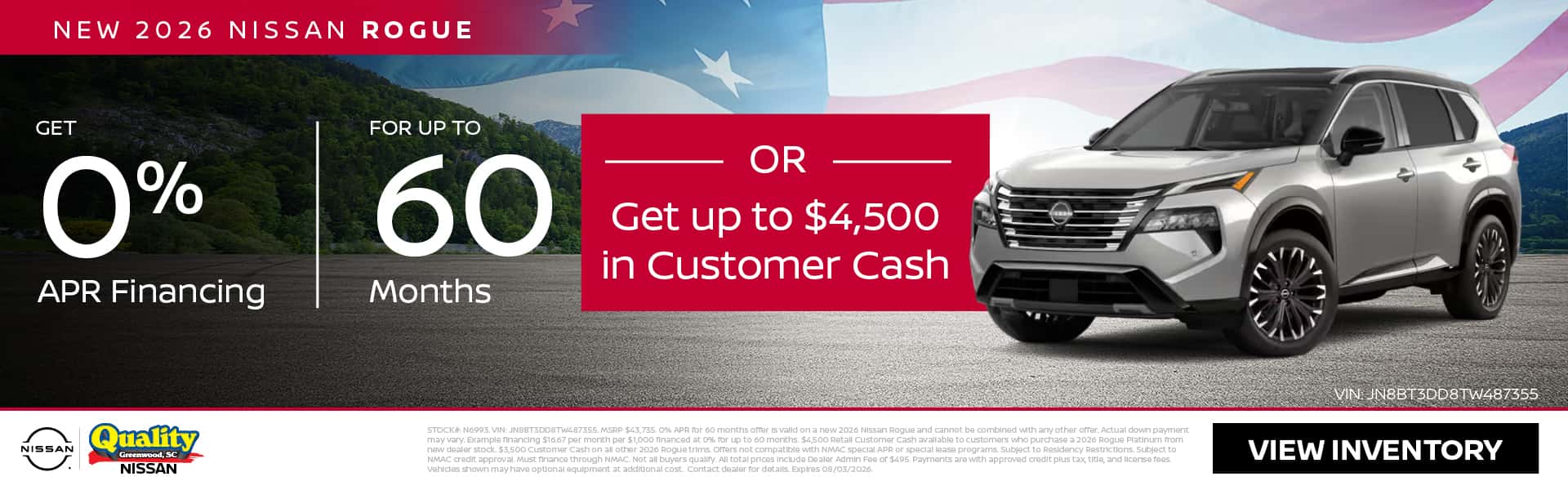 Get 0% Financing for up to 60 Months OR up to $4,500 Customer Cash on a new 2026 Rogue