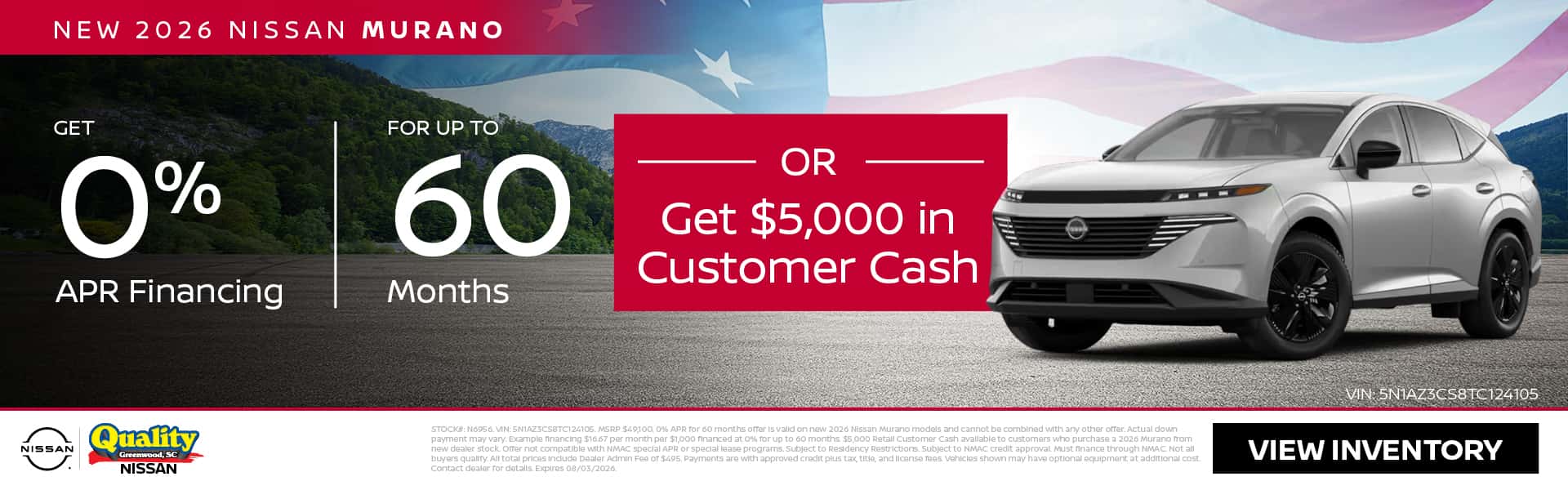 Get 0% Financing for up to 60 Months OR $5,000 Customer Cash on a new 2026 Murano