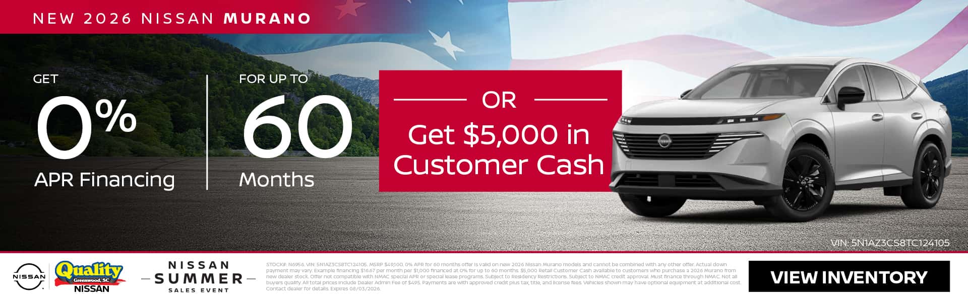 Get 0% Financing for up to 60 Months OR $5,000 Customer Cash on a new 2026 Murano