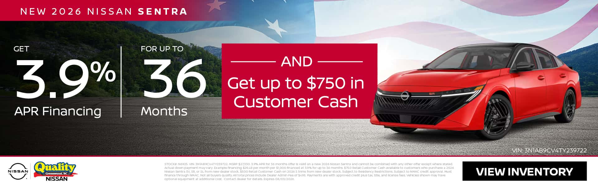 Get 3.9% Financing for up to 36 Months & up to $750 Customer Cash on a new 2026 Sentra
