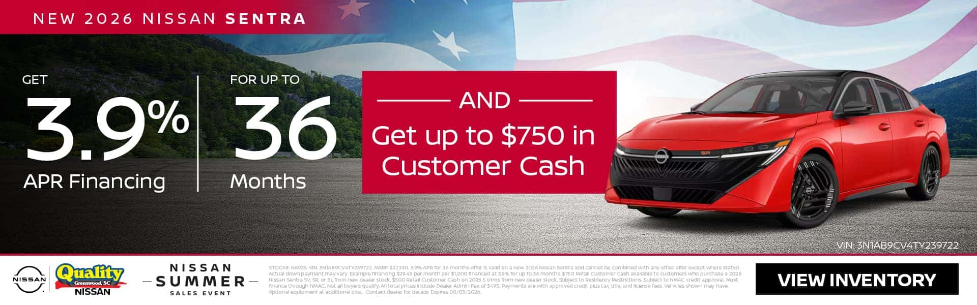 Get 3.9% Financing for up to 36 Months & up to $750 Customer Cash on a new 2026 Sentra